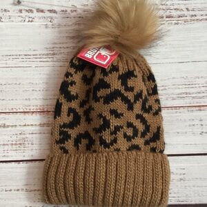 Brown and Black Leopard Print Pom-Pom Beenie